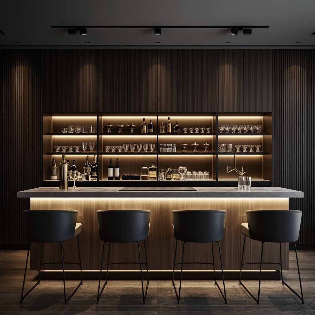 Sleek modern home bar with backlit cabinets and marble counter