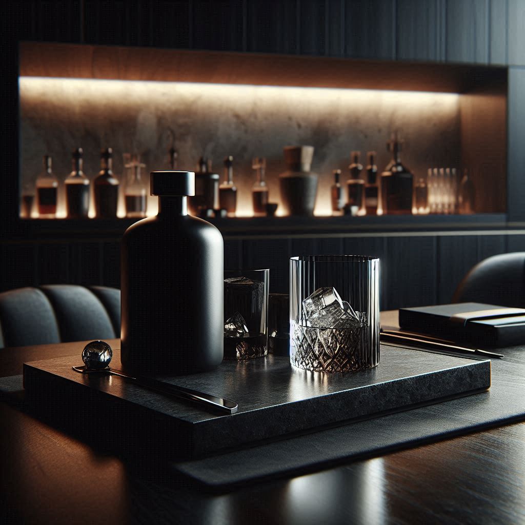 Luxury close-up of a matte black bottle and crystal glass on a stone tray at a home bar
