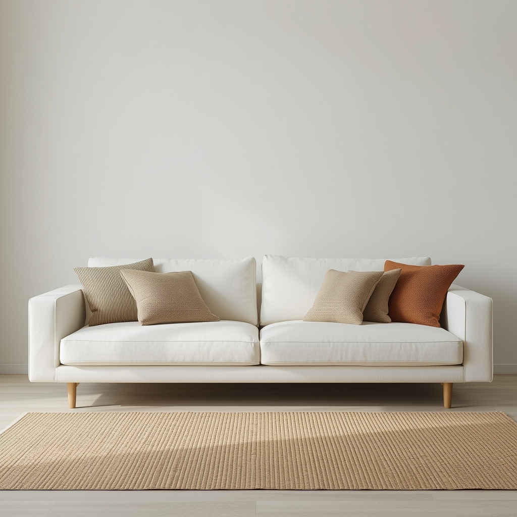 High-quality off-white linen sofa in a minimalist modern Korean living room