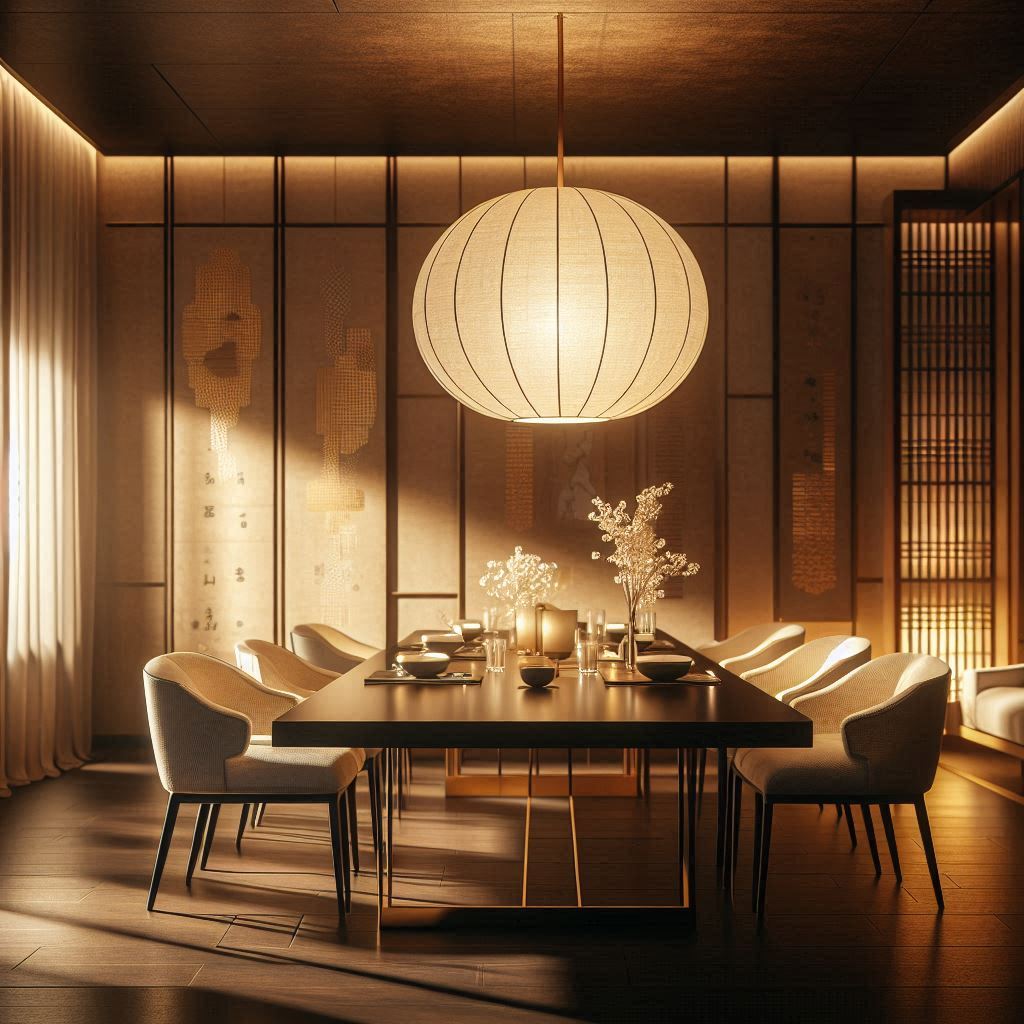 Warm hanji-inspired pendant light over a wooden dining table