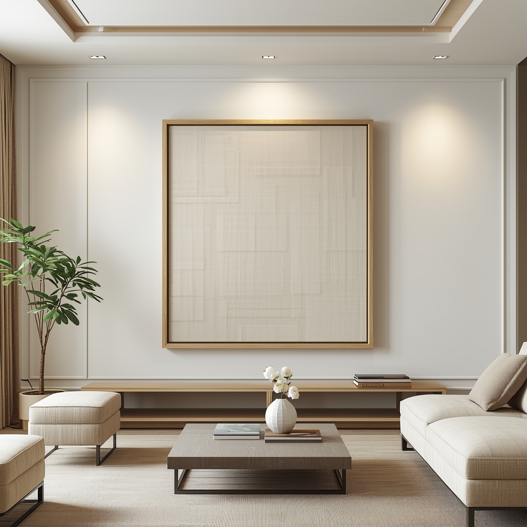 Textured Hanji art framed in light wood on a white living room wall