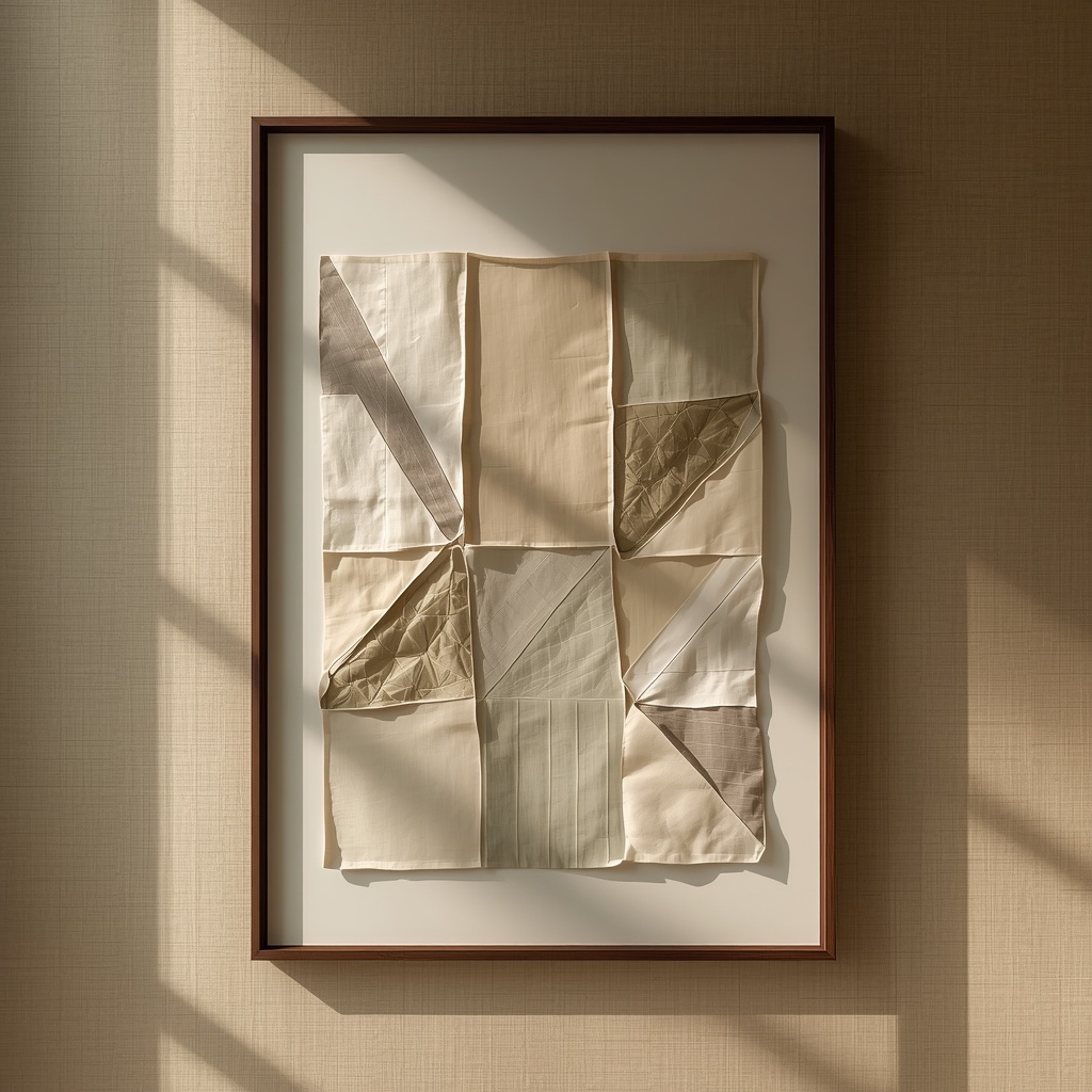 A framed Korean Bojagi patchwork textile art hanging on a textured Hanji wall in a luxury minimalist home, showcasing geometric patterns and natural light.