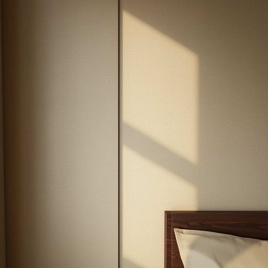 A luxury master bedroom with textured Hanji wallpaper and a minimalist aesthetic, featuring soft natural light and organic materials.