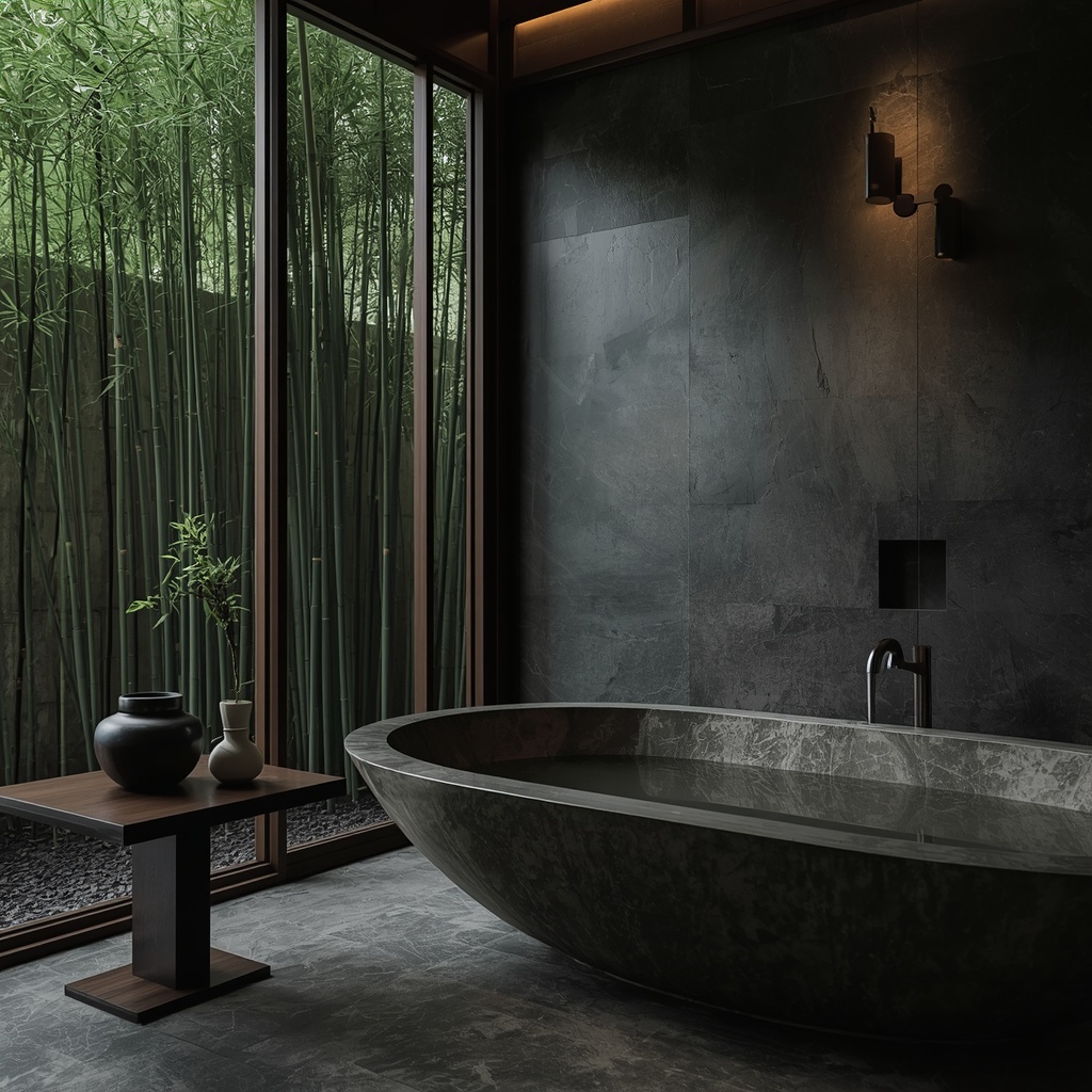 A luxury minimalist bathroom with a stone soaking tub, an Onggi jar, and a view of a bamboo garden, embodying the Korean Zen spa aesthetic.