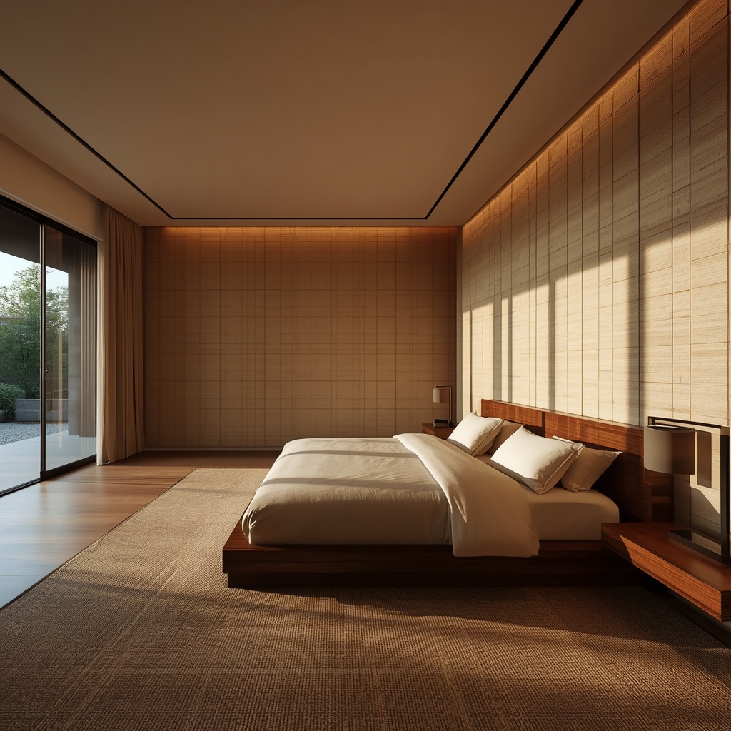 A luxury master bedroom with textured Hanji wallpaper and a minimalist aesthetic, featuring soft natural light and organic materials.