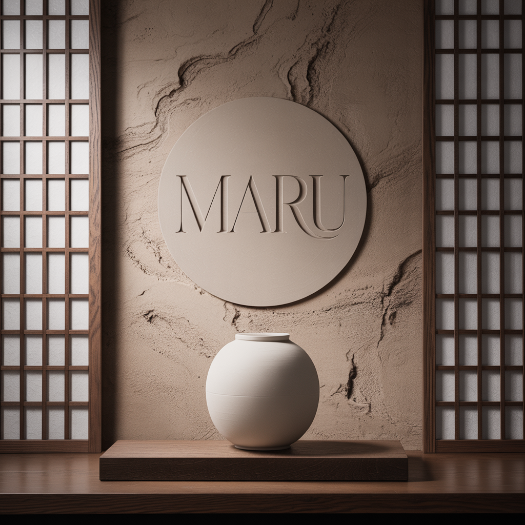 The official brand identity for MARU, featuring a minimalist Moon Jar and luxury K-Zen interior design elements, representing the peak of Korean-inspired minimalism.