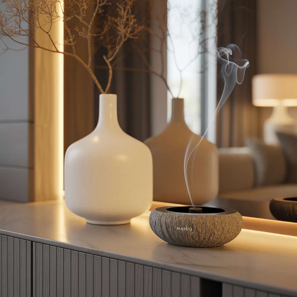 MARU SELECT curation featuring a white porcelain Moon Jar, a stone incense burner, and a minimalist Soban table for a luxury Zen entryway.