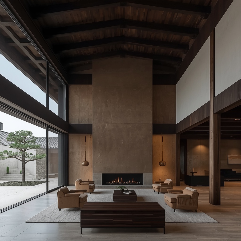 A luxury modern living room with exposed Korean traditional wooden beams, clay walls, and a large window overlooking a Zen garden, showcasing Modern Hanok architecture.
