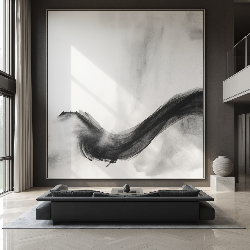 A grand luxury living room featuring a massive Korean Dansaekhwa monochrome painting on the wall, a Moon Jar, and minimalist designer furniture.