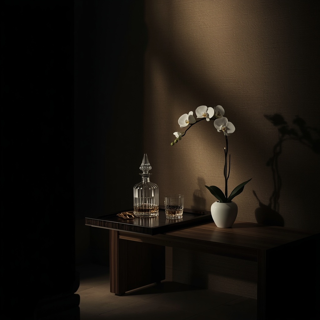 A luxury modern home bar featuring a traditional Korean Soban table with a whiskey decanter, showcasing K-Zen minimalist interior design.