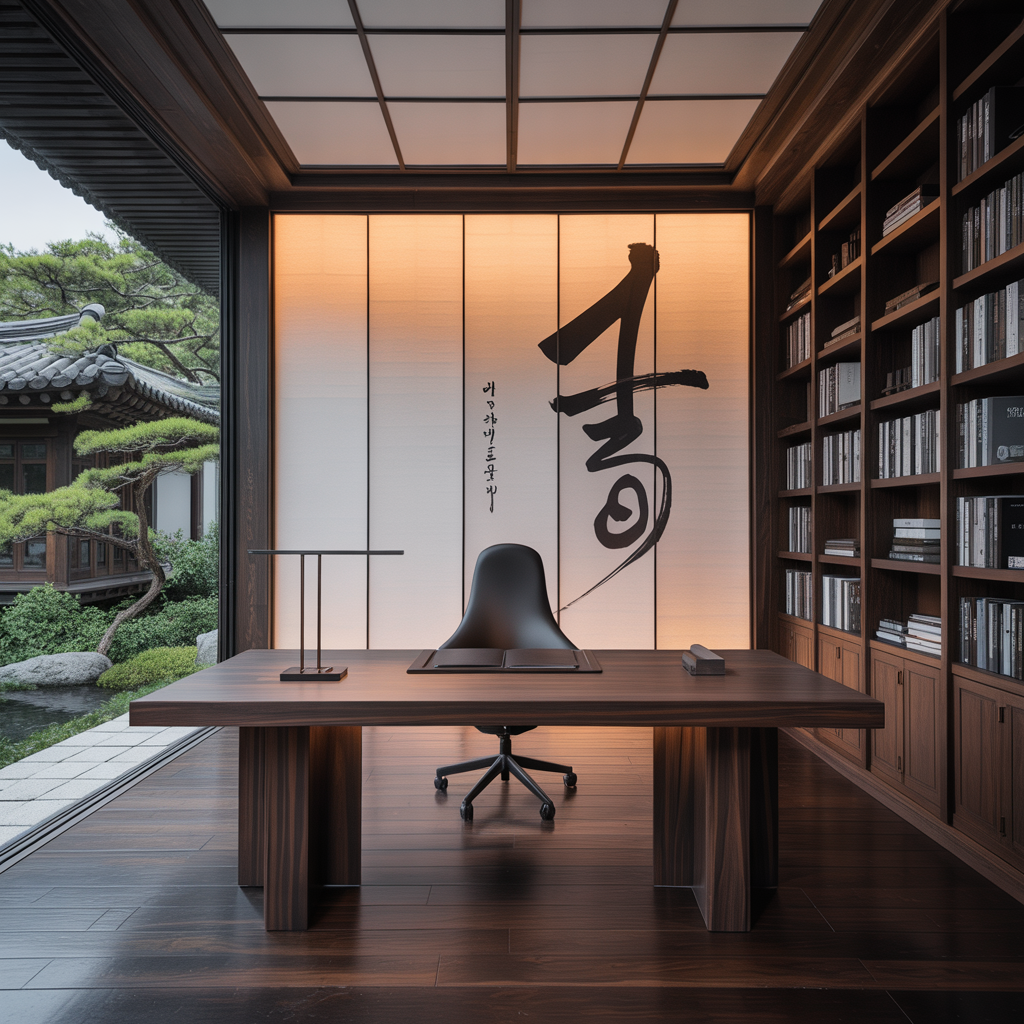 A luxury modern home office inspired by the Korean Sarang-bang scholar's study, featuring a dark walnut desk, a view of a Zen garden, and minimalist decor.