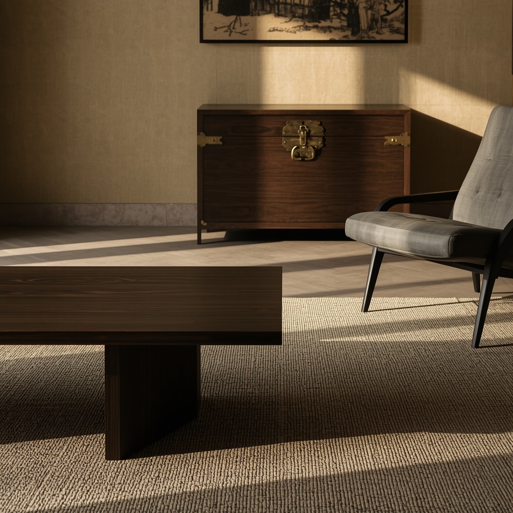 A luxury modern living room featuring a traditional Korean Soban table and a Bandaji chest with brass fittings, showcasing a blend of antique heritage and modern interior design.