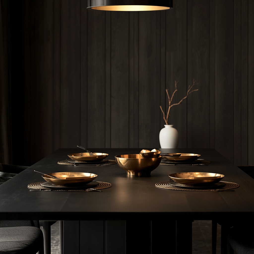 A luxury modern dining table styled with traditional hand-forged Korean Yugi bronzeware dinner sets under warm atmospheric lighting.
