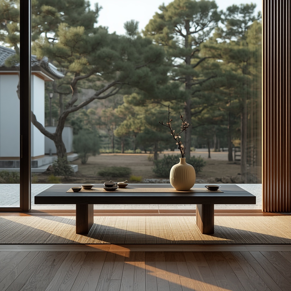 A minimalist luxury tea ceremony corner with a celadon tea set and a Moon Jar vase, overlooking a Zen garden through a large window.