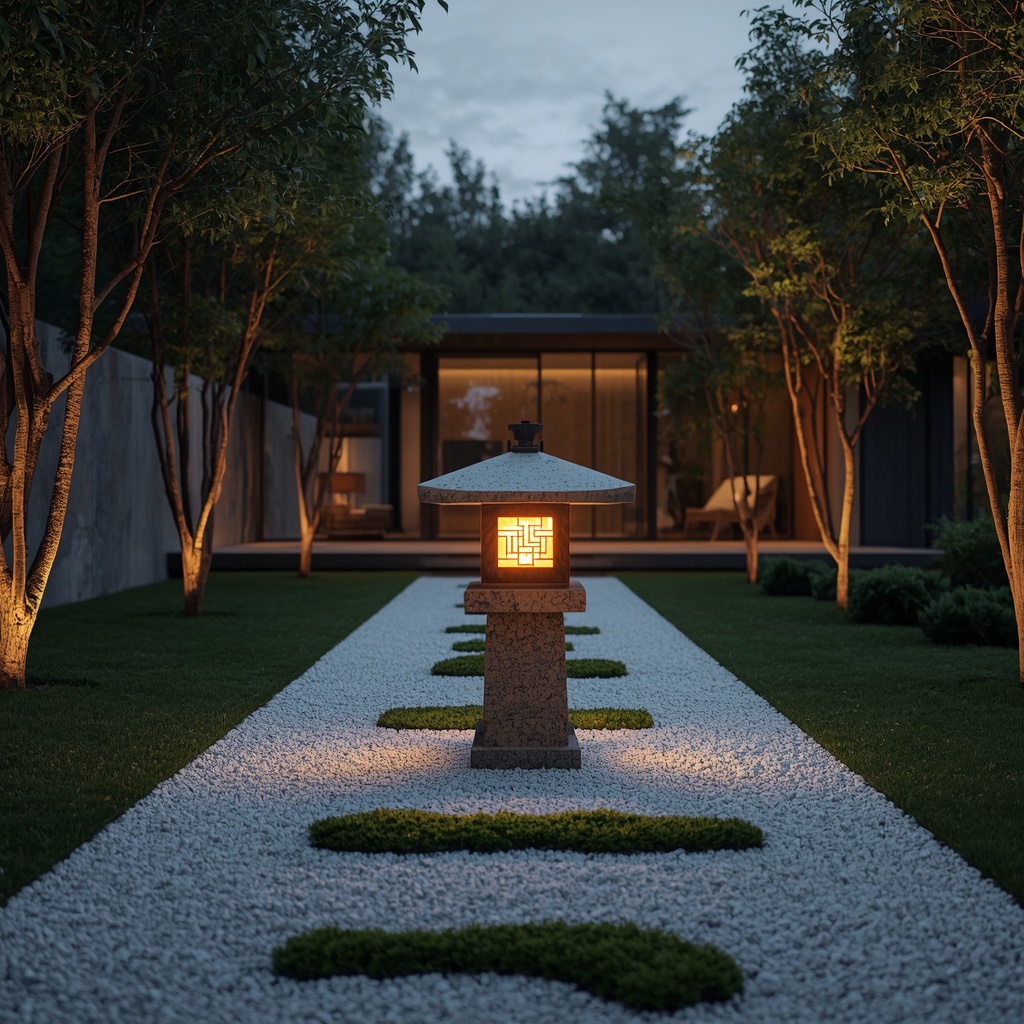 A luxury modern backyard featuring a traditional Korean stone lantern (Seokdeung) glowing at twilight, set on white gravel and moss.