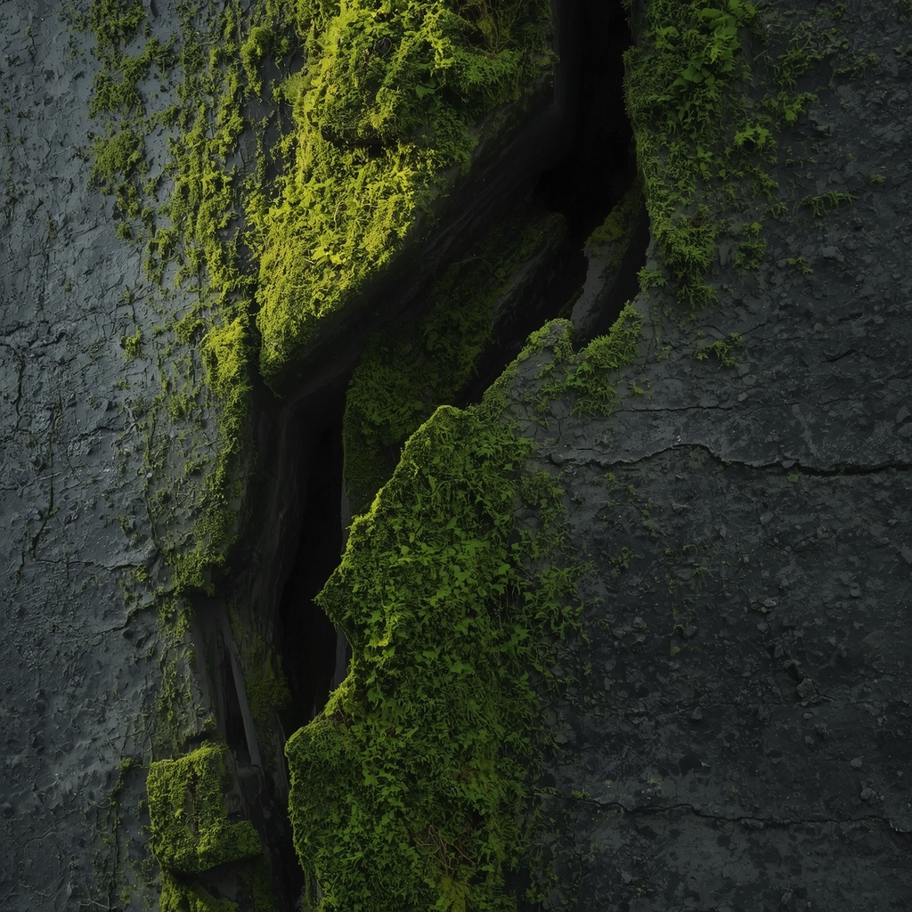 A macro shot of an industrial brutalist concrete wall with a deep fissure filled with living green moss.