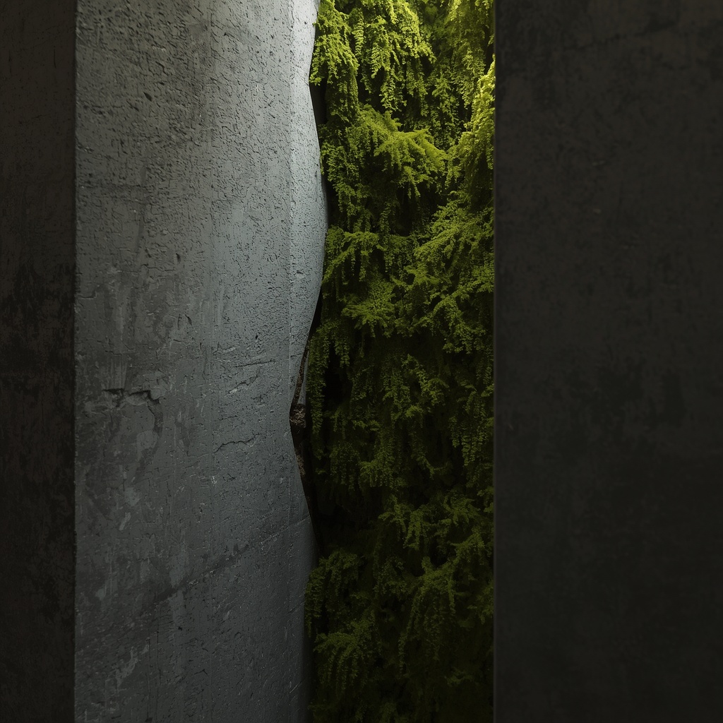 A close-up shot of a brutalist raw concrete wall with a deep fissure covered in lush green living moss.