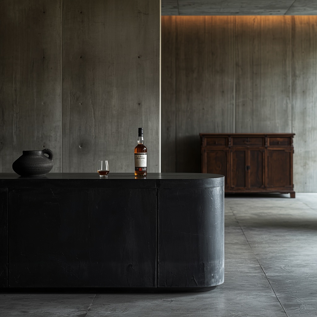 A luxury modern wabi-sabi interior featuring a minimalist home bar counter and an antique Korean Bandaji chest.