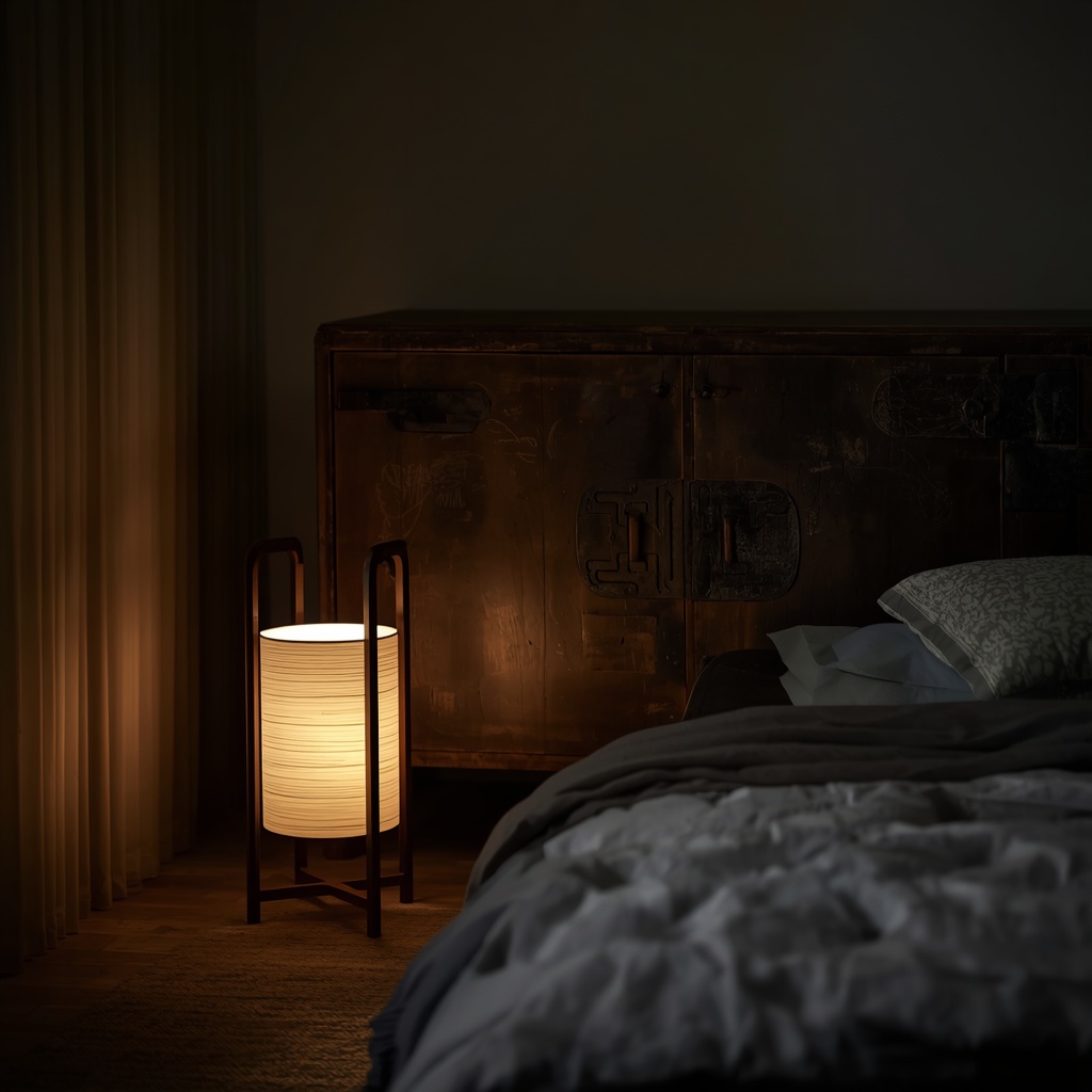 A minimalist luxury bedroom corner with a glowing traditional Korean Hanji paper lamp and an antique Bandaji chest.