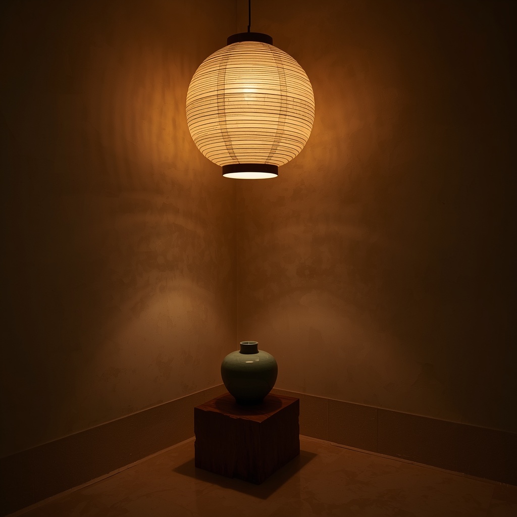 A minimalist luxury spa corner with a glowing traditional Korean Hanji lamp and an authentic ceramic vase.