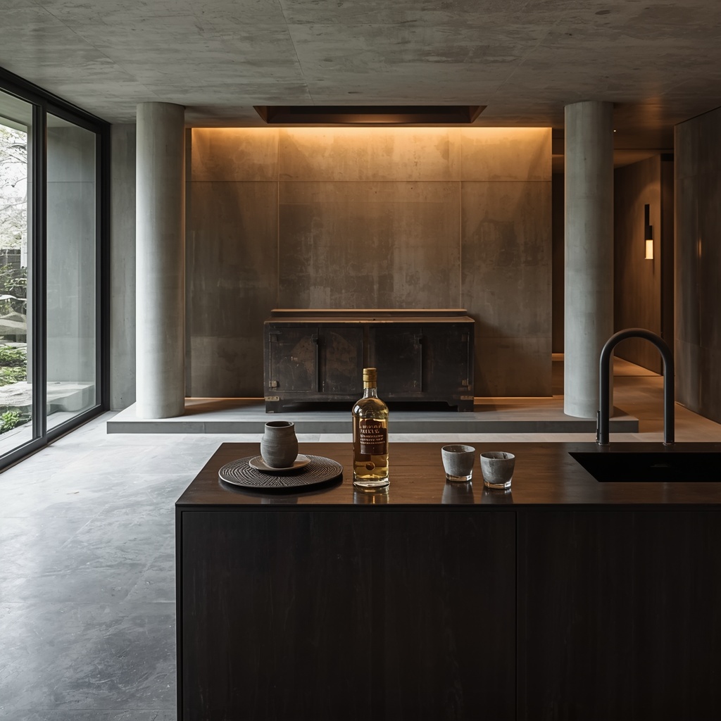A luxury modern wabi-sabi living room featuring a minimalist home bar and an antique Korean Bandaji chest.