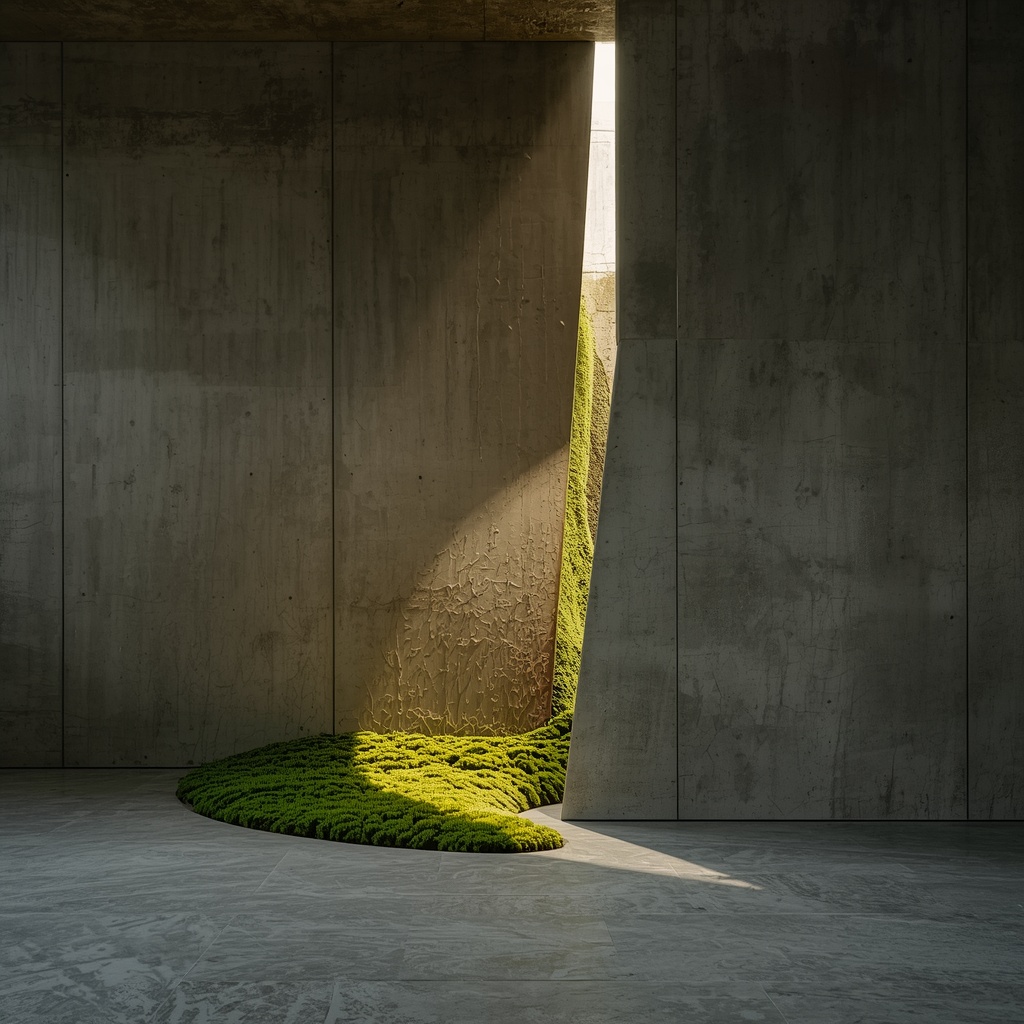 An emotional luxury minimalist interior with a raw concrete wall and wild green moss bursting from a crack.