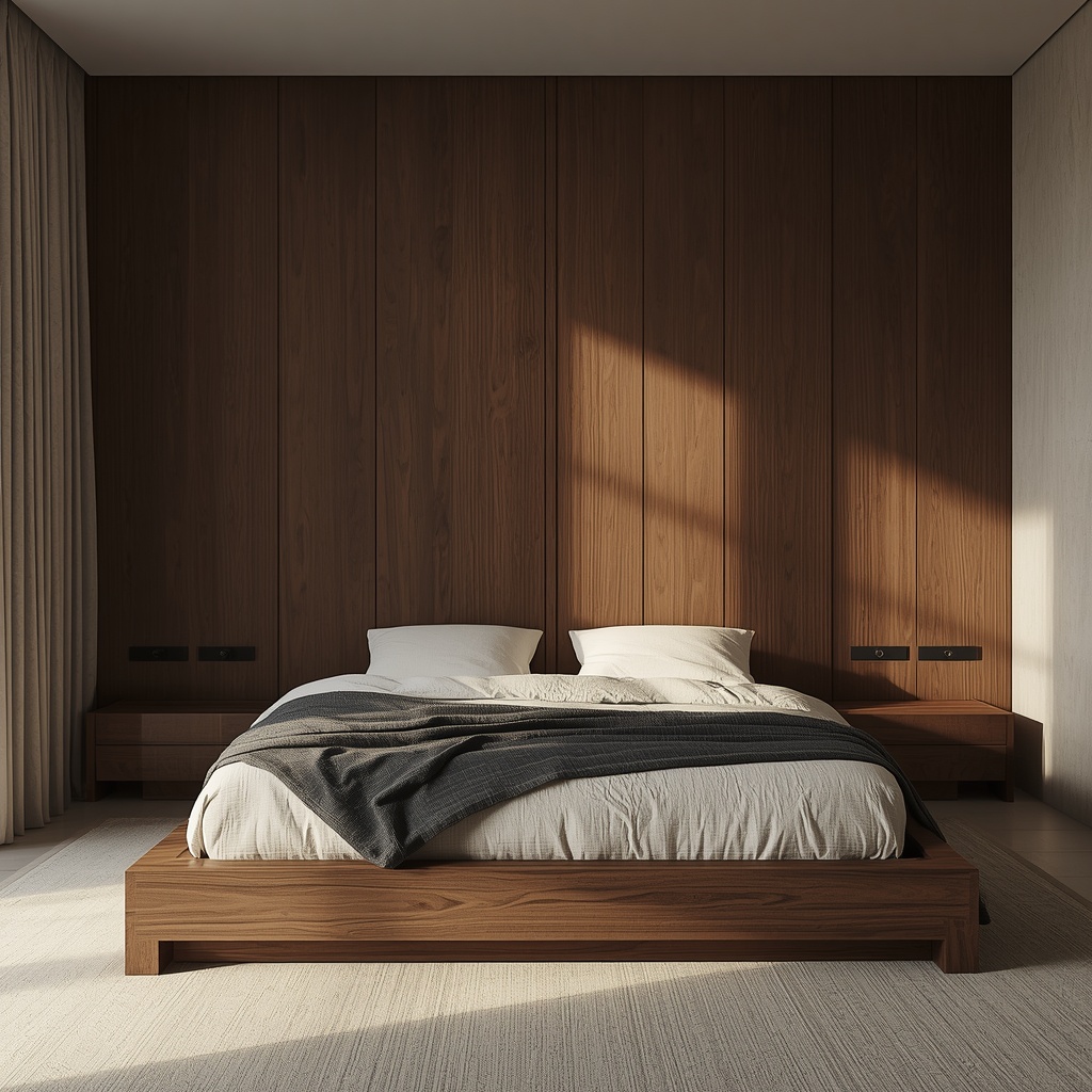 A premium minimalist master bedroom featuring a raw timber walnut bed frame and organic linen bedding under dramatic architectural sunlight.