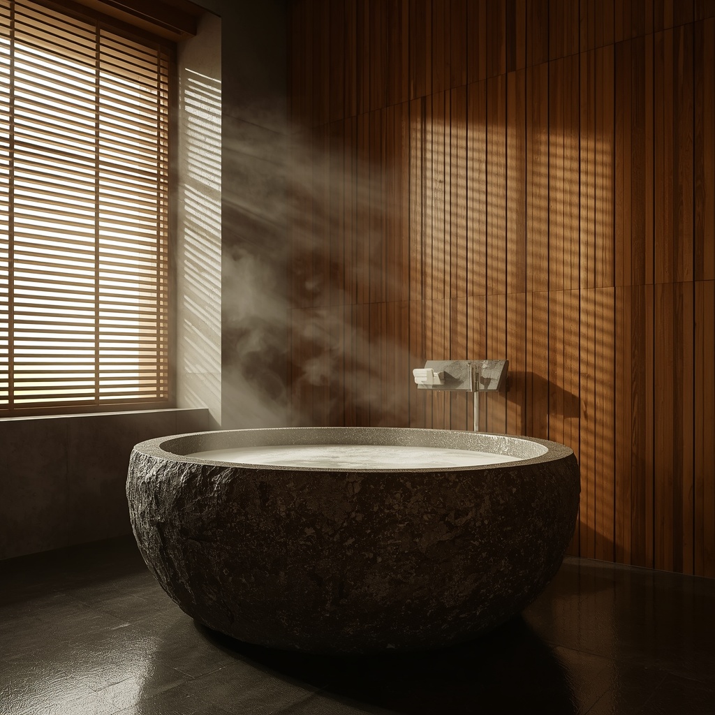 A premium minimalist spa bathroom featuring a raw volcanic stone tub and wet Hinoki wood walls under dramatic architectural sunlight.