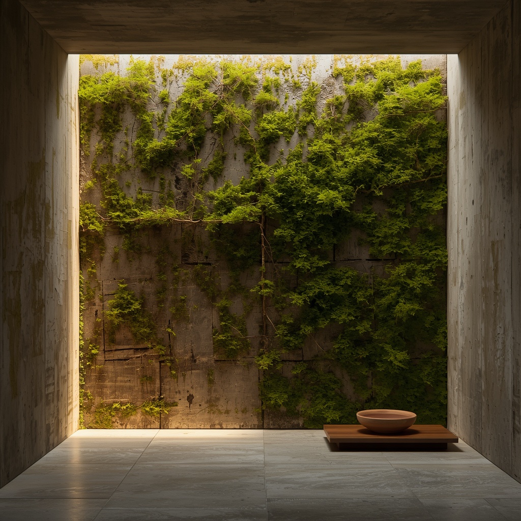A minimalist luxury interior featuring a raw exposed concrete wall contrasting with lush green wild moss and premium traditional objects.
