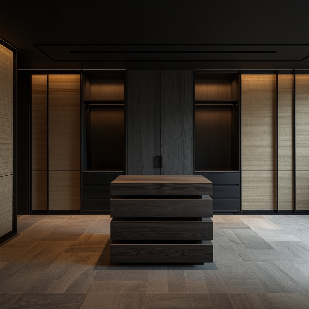A close-up architectural view of a hand-carved dark walnut wardrobe panel contrasting with a modern stainless steel frame.