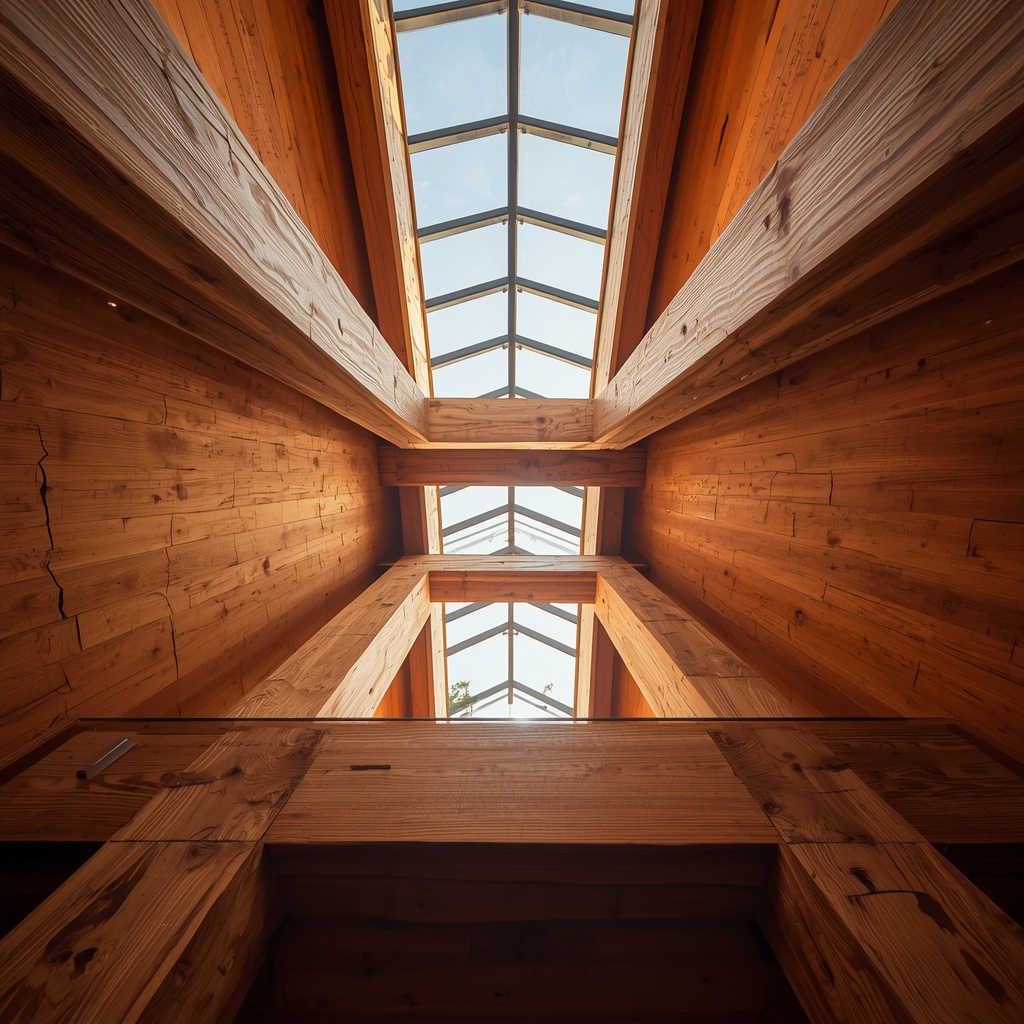 A close-up architectural view of massive hand-hewn wooden beams contrasting with a modern minimalist steel and glass skylight.