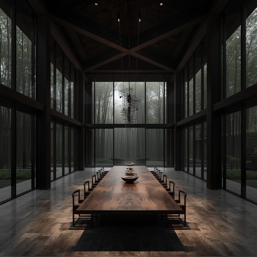 An ultra-luxury grand dining hall featuring a massive single-slab timber table and monumental exposed wooden beams with panoramic glass walls.