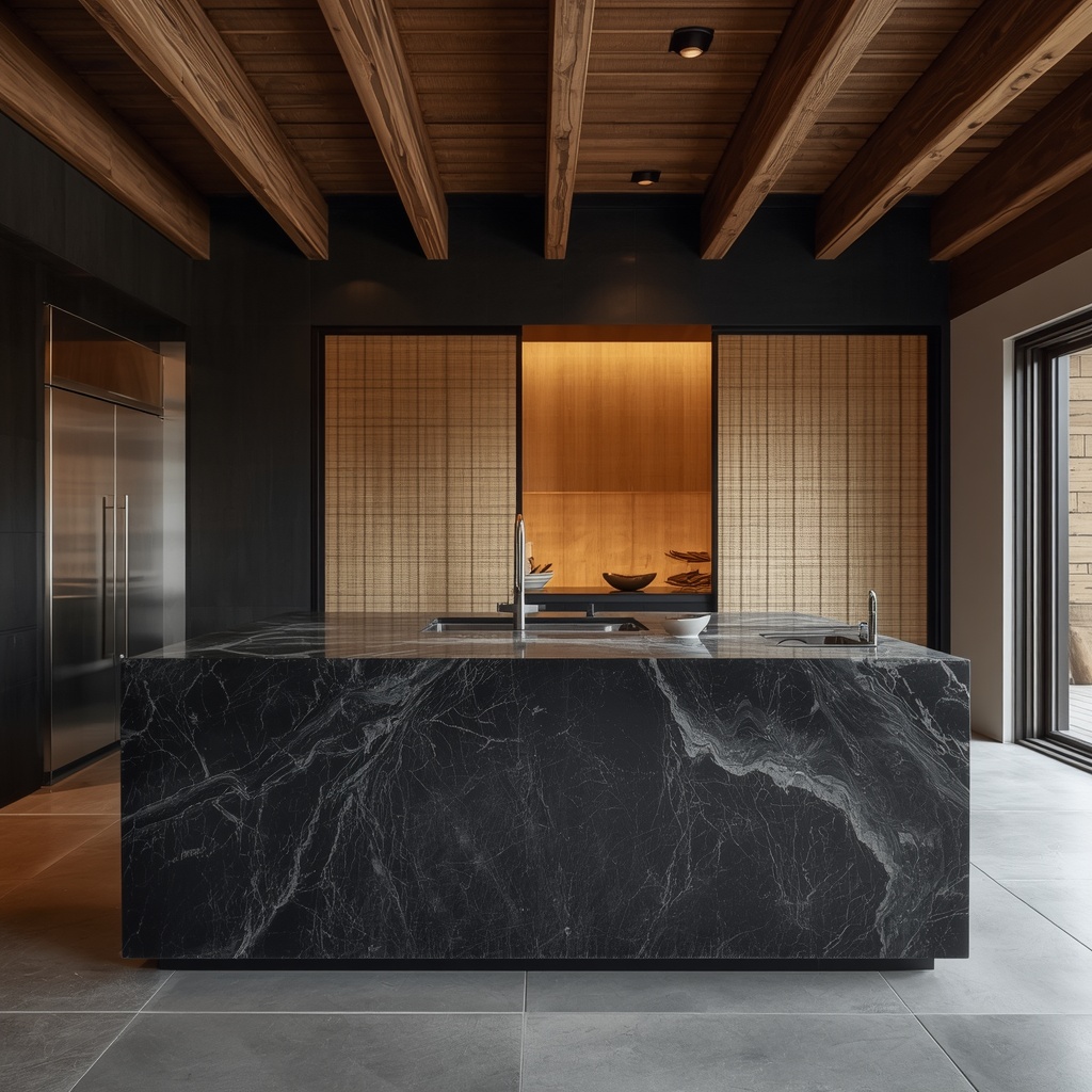 A premium luxury modern kitchen featuring a raw black stone monolithic island counter and traditional Hanji paper partitions under warm architectural lighting.