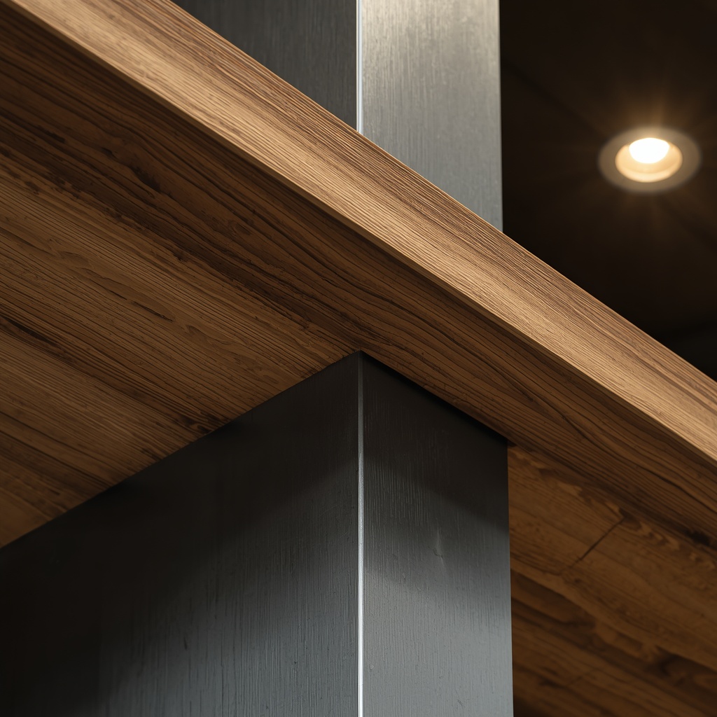 An architectural close-up of an ancient pine timber shelf intersecting with a modern cold-rolled steel vertical support.