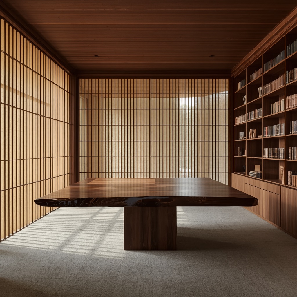 A high-end modern home library featuring a monolithic raw dark walnut desk and floor-to-ceiling wooden bookshelves behind traditional Hanji screens.