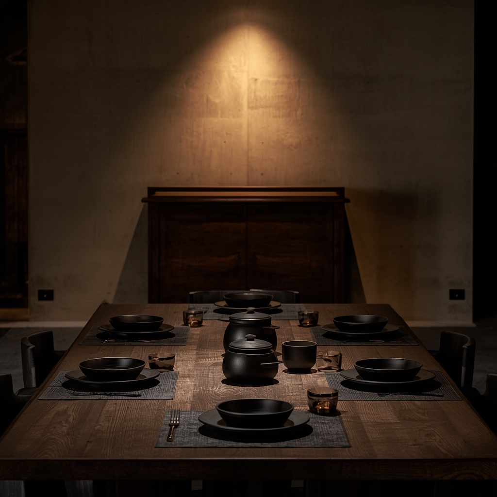 A luxury banquet table setting with matte black traditional brassware next to an antique Bandaji chest under dim spotlights.