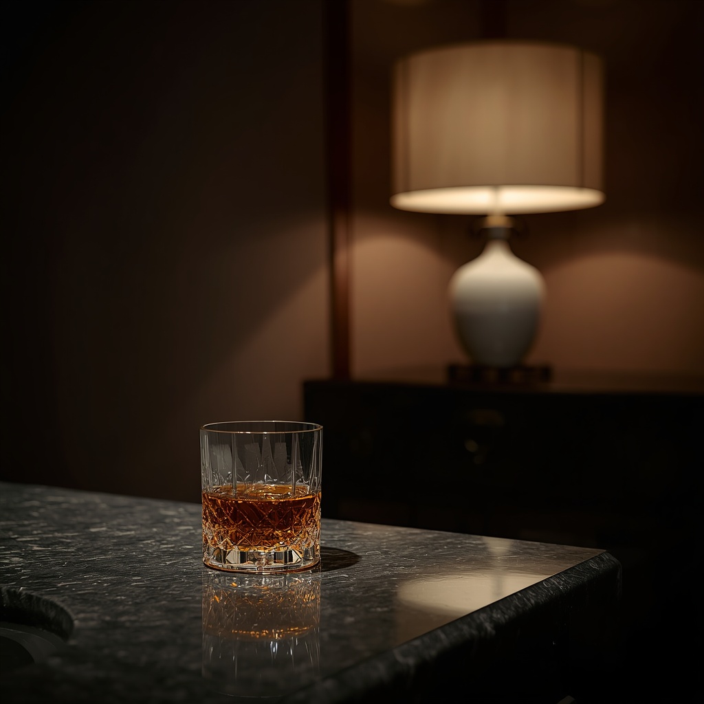 A luxury private dressing suite setup with a glass of scotch next to a glowing Hanji lamp and an antique Bandaji chest.