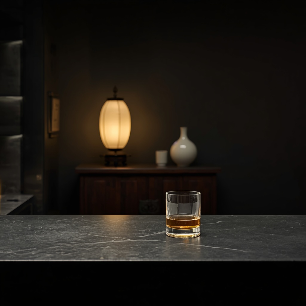 A luxury home bar and kitchen setup with a glass of whisky next to a glowing Hanji lamp and an antique Bandaji chest.