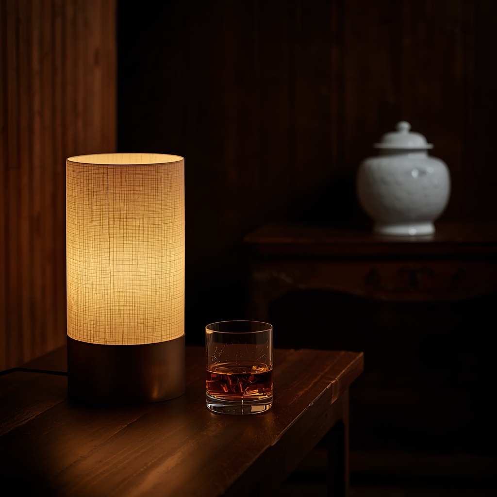 A luxury private study setup with a glass of whisky next to a glowing Hanji lamp and an antique wooden chest.