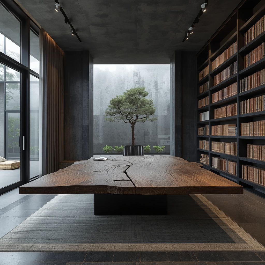 A premium luxury private home office with a low-profile raw timber desk and built-in minimalist bookshelves under moody architectural lighting.