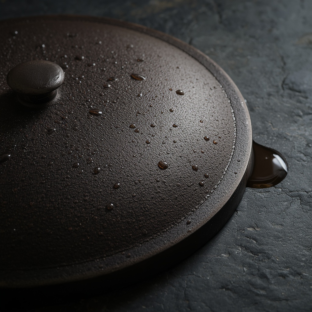 An extreme close-up of a hand-forged traditional cast-iron lid showing deep metallic and stone textures under soft light.