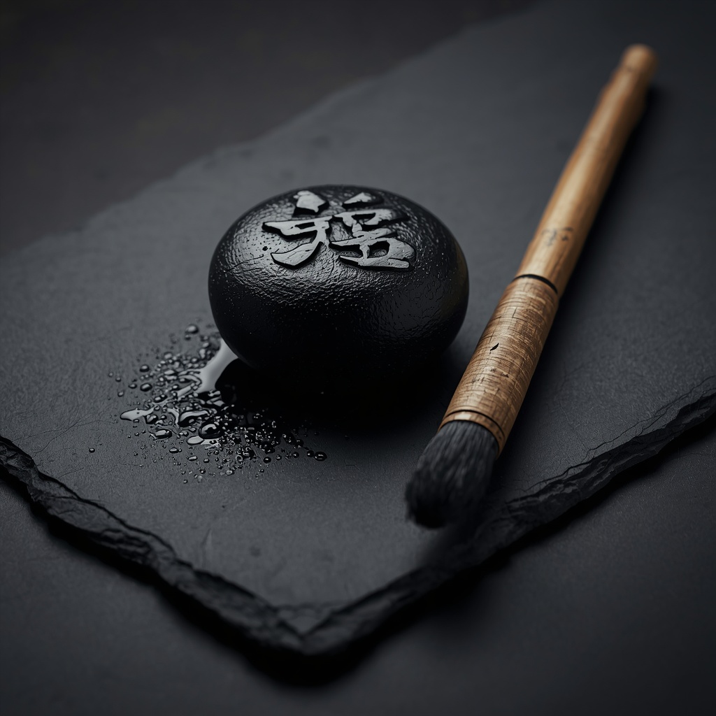 An extreme close-up of a traditional black inkstone and bamboo calligraphy brush showing rich natural stone textures.